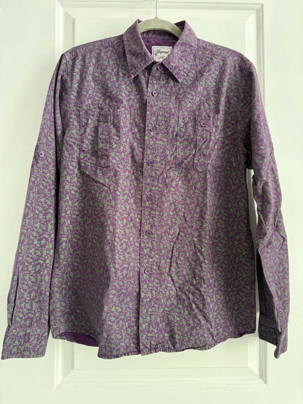 Request Jeans Men's Purple & Green Floral Roll Tab Long Sleeve Button Shirt
